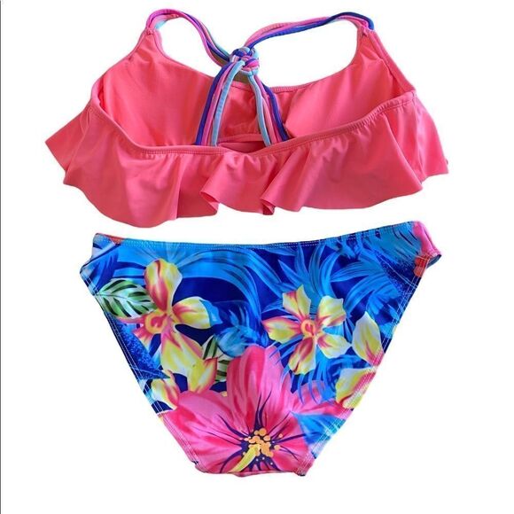 2 piece bikini , racer back to, Hawaiian print bottom. Size med. Pink & blue - Picture 2 of 7